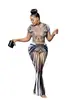 D9566 Ropa de Mujer de Venta Caliente Europea y Americana en Amazon Traje Sexy de Malla Transparente con Rayas Estampadas Mangas Cortas que Muestra el Ombligo
