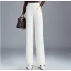 Calça reta de perna larga simples off-white feita sob medida em estilo coreano, novo modelo outono 2026, cor sólida, cintura alta, modeladora, elegante e casual