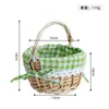 Cesta de mão trançada com forro xadrez de linho, cesta de frutas com alça móvel, cesta de flores trançada, cesta de armazenamento para casa