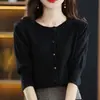 Moda Femenina de Verano Nuevo Estilo Coreano y Japonés Diseño de Color Sólido Cuello Redondo Algodón Puro Manga Corta Rebeca de Punto Elegante Top Básico