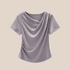Diseño de Cuello en V Asimétrico, Estilo Único, Camiseta de Manga Corta con Hombro Normal para Mujer, Nuevo Modelo de Verano 2026, Top Plisado Adelgazante con un Toque de Lujo