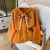 Moda Coreana Elegante Dulce Corbata de Lazo con Cordones Suéter Rosa de Punto Cardigan Top para Mujer Otoño/Invierno