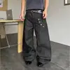 Calça jeans masculina estilo retrô americano com design de botões longos curvos, outono, moda de rua, solta, perna larga, comprimento do chão, moderna
