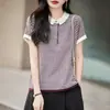 2026 Verão Coreano Retrô Listrado Gola Polo Tricô Manga Curta Feminino Solto Emagrecedor Toque Relaxado Top Camiseta