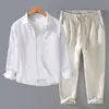Novo terno de linho para homens de comércio exterior transfronteiriço: conjunto de duas peças de algodão e linho, tamanho grande, camisa de cor sólida + calça casual reta