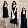 Conjunto de vestido de maternidade para o outono de 2026, novo conjunto de duas peças estilo francês, soltinho, com alças, estampa de bolinhas, para outono/inverno