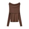 Suéter elegante de estilo francés ajustado para mujer, otoño 2023, nuevo suéter de manga larga con cuello y hombros descubiertos.