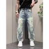 Jeans Masculino High Street Retrô Americano Outono 2026, Lavado Desgastado Cor Clara Moda Versátil Rasgado Calça Casual