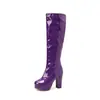 Nuevas botas altas de mujer para otoño e invierno, estilizan y son versátiles, botas largas de charol con tacón alto, botas largas de charol morado brillante con tacón grueso