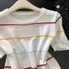 Camiseta de Tricô Branca Listrada com Gola Redonda e Manga Curta para Mulheres, Camada Interna ou Externa, Curta, Ombro Normal, Top Pequeno, Verão 2026