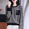 Tricô Color Block Listrado Retrô Gola Redonda Feminino Suéter Solto Outono Inverno Pulôver Preguiçoso Camada Base Versátil Top Casual