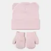 Amazon Novo Boné de Lã Tricô com Orelhas de Urso Fofo Conjunto de Chapéu e Luvas Quentes Outono Inverno Feminino