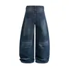 Pantalones de pierna curva de mezclilla lavada estilo retro americano, estilo punk callejero para hombre, pantalones largos de pierna ancha de corte holgado con aspecto desgastado y arrugado