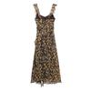 Ropa de mujer europea y americana transfronteriza 2024 verano nuevo vestido largo con tirantes decorativos laminados con estampado animal y volantes