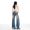 Jeans Americanos de Tiro Bajo con Microbota para Levantar Glúteos para Mujer 2026 Nuevos Pantalones Anchos Sueltos Lavados Retro Tie-Dye