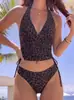 Bikini de tirantes con estampado de leopardo transfronterizo nuevo europeo y americano, top con cordón, sexy, ajustado, traje de baño de dos piezas para vacaciones en la playa, mujer