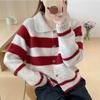 Suéter de Punto con Solapas Rayadas Bloque de Color para Mujer, Nuevo Estilo Otoño e Invierno, Corte Holgado, Estilo Retro Artístico, Cárdigan Superior
