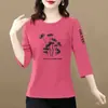 Comercio Electrónico Transfronterizo Ropa para Madres Camiseta para Mujeres de Mediana Edad y Mayores Top Cuello Redondo Versátil Capa Base Manga Siete Tallas Grandes Camiseta