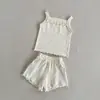 Conjunto de Dos Piezas para Bebé Niña de Algodón Acanalado con Volantes, Camiseta sin Mangas y Shorts, Estilo Ins Transfronterizo de Verano