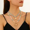 Colar Transfronteiriço Europeu e Americano Estilo Oceano Camada Dupla para Mulheres, Corrente de Clavícula Estrela do Mar Concha Pérola, Colar Estilo Férias