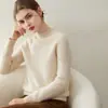 Novo suéter de outono e inverno 100% caxemira pura com bordas enroladas de gola alta, simples, casual, estiloso e moderno, top de tricô para mulheres