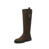 Botas de Caballero Estilo Británico Pierna Recta Larga Piel de Vaca Completa 2026 Invierno Tacón Bajo Grueso Hebilla Punta Redonda Piel Genuina Botas Altas Mujer