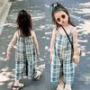 Macacão Xadrez para Meninas Verão Estilo Coreano Alças Xadrez Azul Macacão Largo Solto para Crianças e Crianças em Idade Escolar Peça Única Dropshipping