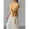 Camiseta de Manga Corta Jiangzuo Design con Tira Irregular para Ceñir la Cintura para Mujer 2026 Verano Nuevo Top Versátil Adelgazante 6565