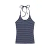 Conjunto de Dos Piezas Estilo Coreano Relajado a Rayas con Cuello Halter y Camiseta de Manga Corta con Cuello en U para Mujer, Top Versátil de Verano Ajustado