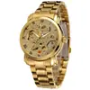 Reloj Mecánico Automático Winner para Hombre Dorado Hueco Semi-Transparente Correa de Acero Números Romanos