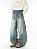 Fengshe Roupa Masculina / Jeans Desconstruído Estilo Retrô Americano com Corte de Foice para Homens e Mulheres, Calças Casuais Largas e Soltas com Efeito Drapeado