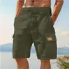 Shorts Cargo de Couro de Verão, Shorts de Linho, Shorts de Verão, Shorts de Praia, Cintura Elástica, Cordão, Vários Bolsos