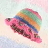 Gorro de Pescador de Punto con Gradiente Retro Pintura al Óleo Colorido para Mujer Otoño e Invierno Gorro Cubeta Cálido Gorro de Lana Dopamina de Color Contrastante
