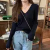 Camiseta Básica de Manga Larga para Mujer, Nuevo Estilo Coreano Ajustada de Punto Canalé con Cuello en V para Primavera, Otoño e Invierno