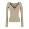 Top Sexy de Chica Caliente con Cuello en V Profundo Torcido de Lana de Manga Larga Otoño e Invierno Nuevo Aspecto Adelgazante Cintura Camiseta Básica