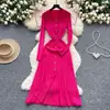 Vestido Retrô Francês com Gola Polo de Manga Longa e Cintura Metálica para Mulheres, Outono Elegante Emagrecimento Vestido Longo de Crochê