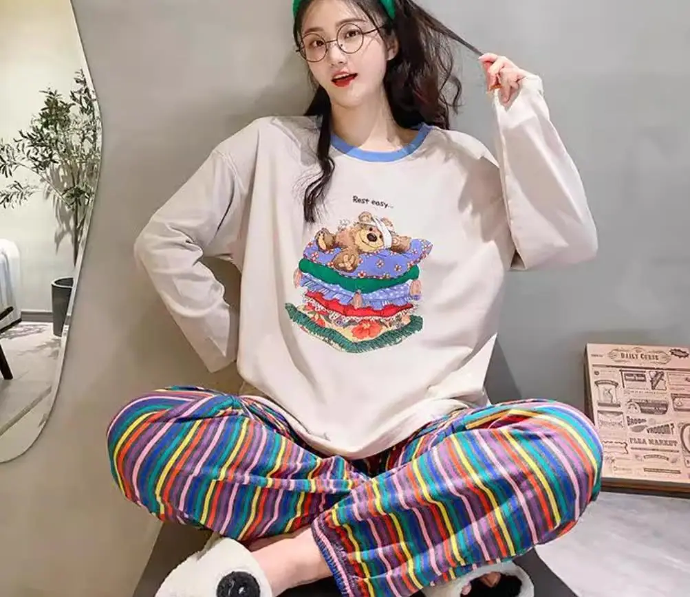 杏色多枕头熊彩条缩裤双长