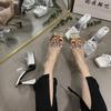 Zapatillas Exteriores Transparentes de Punta Cuadrada con una Correa, Suela Gruesa para Mujer, Verano, Tacón Grueso, Impermeables, Plataforma, Pequeño Aumento de Altura, Zapatos de Tacón Súper Alto
