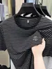 Camiseta Masculina de Manga Curta Listrada em Nylon Gelo de Verão 2026 Nova Gola Redonda Casual Versátil Solta Fresca