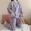 Pijama de Franela para Mujer, Estilo Otoño e Invierno, Forro Polar, Engrosado, Ropa de Casa Cálida, Adecuado para Usar Afuera, Conjunto de Manga Larga y Pantalón Largo Talla Grande para Mujer