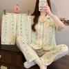 Pijama feminino de algodão com estampa de nuvem, roupa casual japonesa para o verão, com manga curta e pequenas calças florais, conjunto de três peças para casa, atacado
