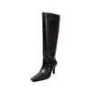 Botas de montar de tacón alto para mujer hechas de piel de vaca de primera calidad, nuevo estilo, botas hasta la rodilla de cuero genuino repujado con punta cuadrada, cierre trasero y tacón fino