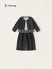 Ropa Infantil Bangxuan Niños Estilo Coreano Ropa de Otoño Niñas Encaje Capa Base Color Sólido Cárdigan Pantalones de Pierna Ancha Conjunto de Tres Piezas Traje para Niñas