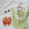 [Esgotado, Sem Reposição] Maiô Infantil Uma Peça, Traje de Banho Princesa Renda Cor Matcha de Verão para Crianças, Roupa de Banho Infantil