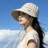 Sombrero para Mujer, Verano Algodón y Lino Transpirable Cuadros Ala Ancha Sombrero de Sol, Estilo Japonés Atado Sombrero de Protección Solar