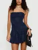 Vestido Mini Feminino Europeu e Americano de Tiras Estilo Puro Desejo Transfronteiriço Sexy Estampa de Bolinhas Cadarço Roupa Feminina Vestido sem Costas
