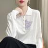 Chegada Nova Primavera e Verão Lã Penteada Feminino Gola Polo Gato Bordado Suéter Solto Slim-fit Camisa Base Top Manga Longa