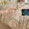 Estilo Princesa de Invierno Estilo Coreano Encaje Terciopelo de Leche Juego de Cuatro Piezas Clase A Más Terciopelo Funda Nórdica Cálida Sábana Juego de Tres Piezas para Dormitorio