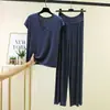 Conjunto de pijama de toque fresco para primavera e verão, camiseta redonda plus size e calça pantalona de duas peças, conjunto de casa feminino em modal adequado para sair