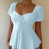 2026 Verano Nuevo Amazon Tume Estilo Europeo y Americano Cuello en V Cordón Sexy Manga Corta Color Sólido Camiseta para Mujer